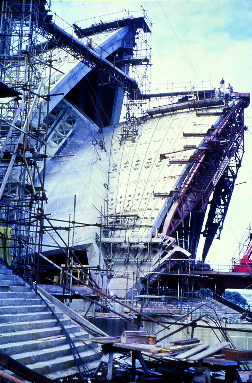 construction photo showing the placement of concrete shell tiles