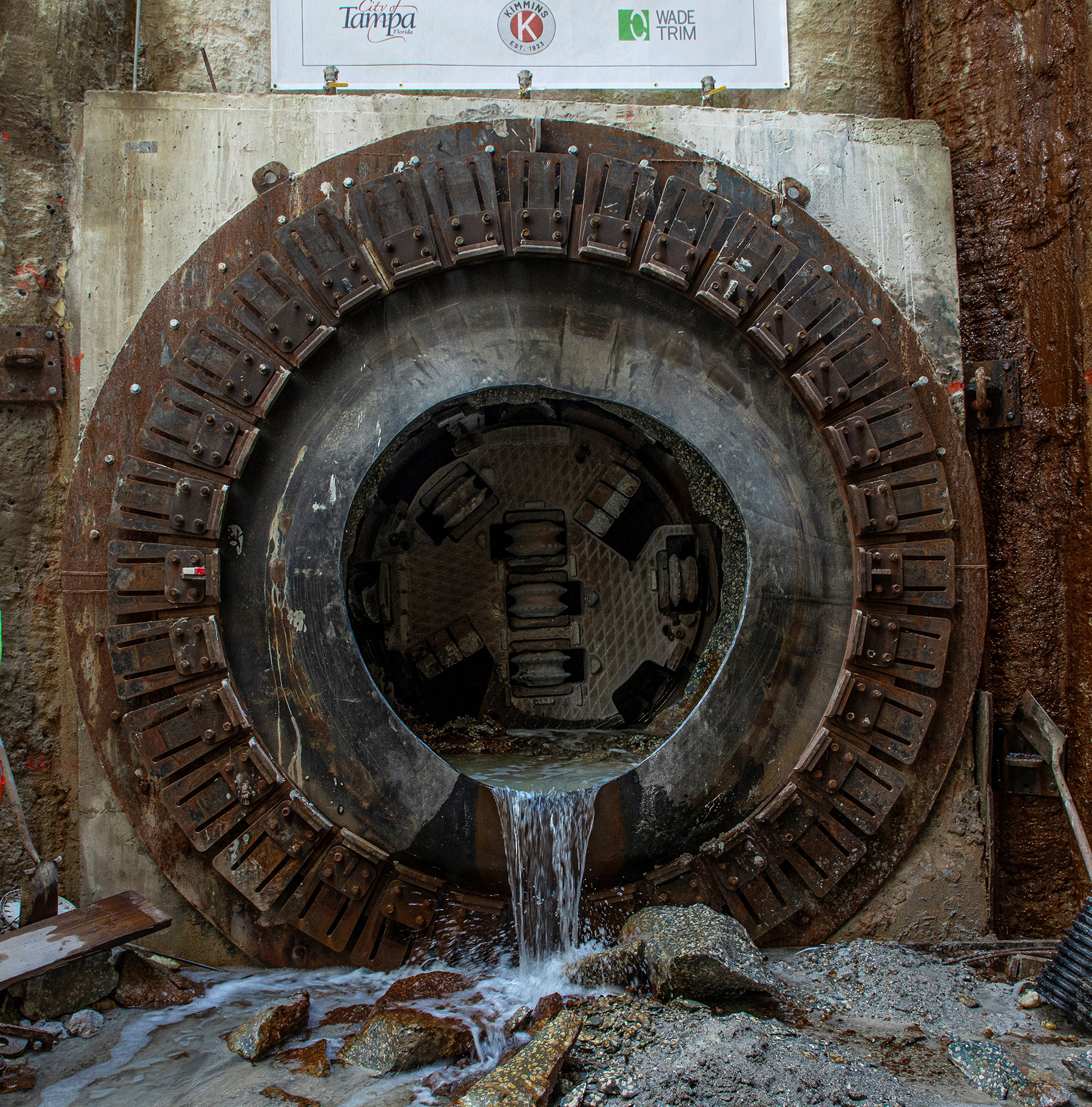Microtunnel breakthrough at the receiving shaft. (Image courtesy of Kimmins Contracting Corp.)
