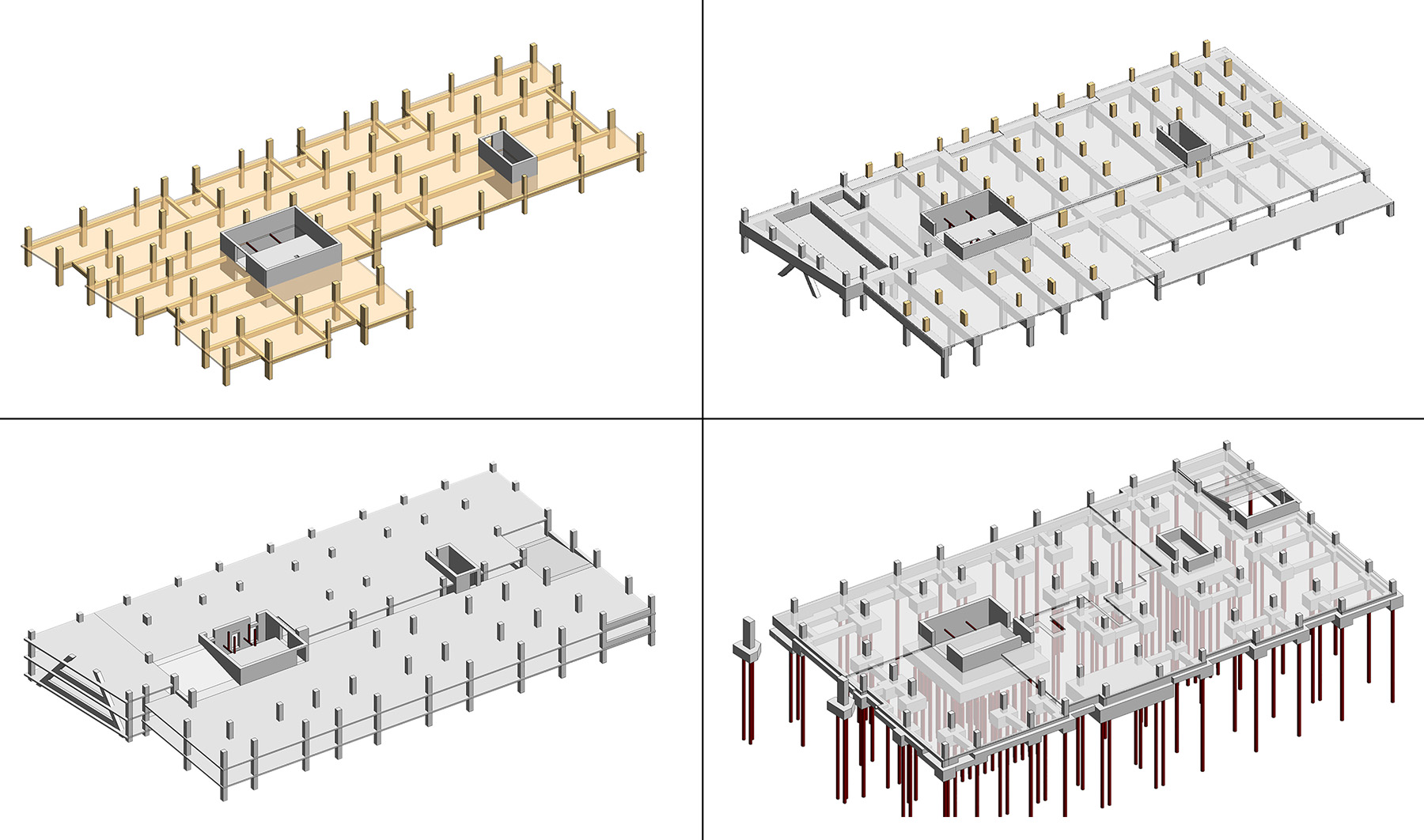 Images show the various levels of a high-rise building such as foundation, parking, and timber levels. 