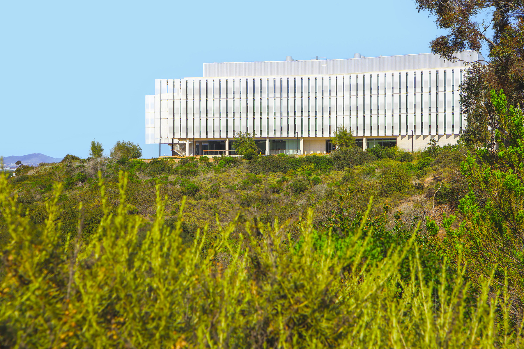 A large building sits on the San Diego hillside. 