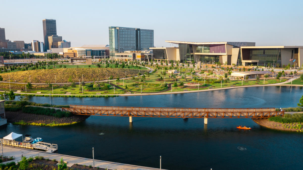 Arial photo of Scissortail Park and Oklahoma City Convention Center 