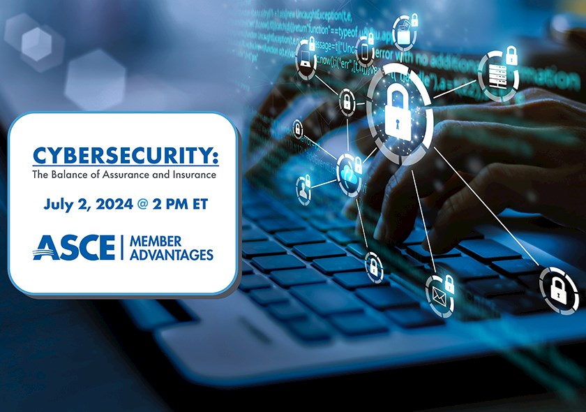 hands typing on a keyboard with different symbols of online items locking and text labeled: Cybersecurity The Balance of Assurance and Insurance July 2, 2024 at 2pm ET