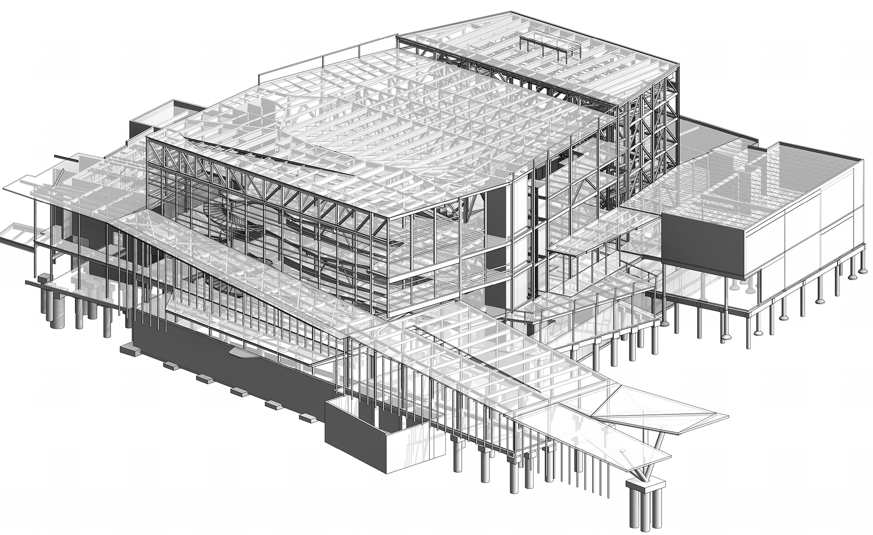 black and white drawing showing the isometric view of a building 