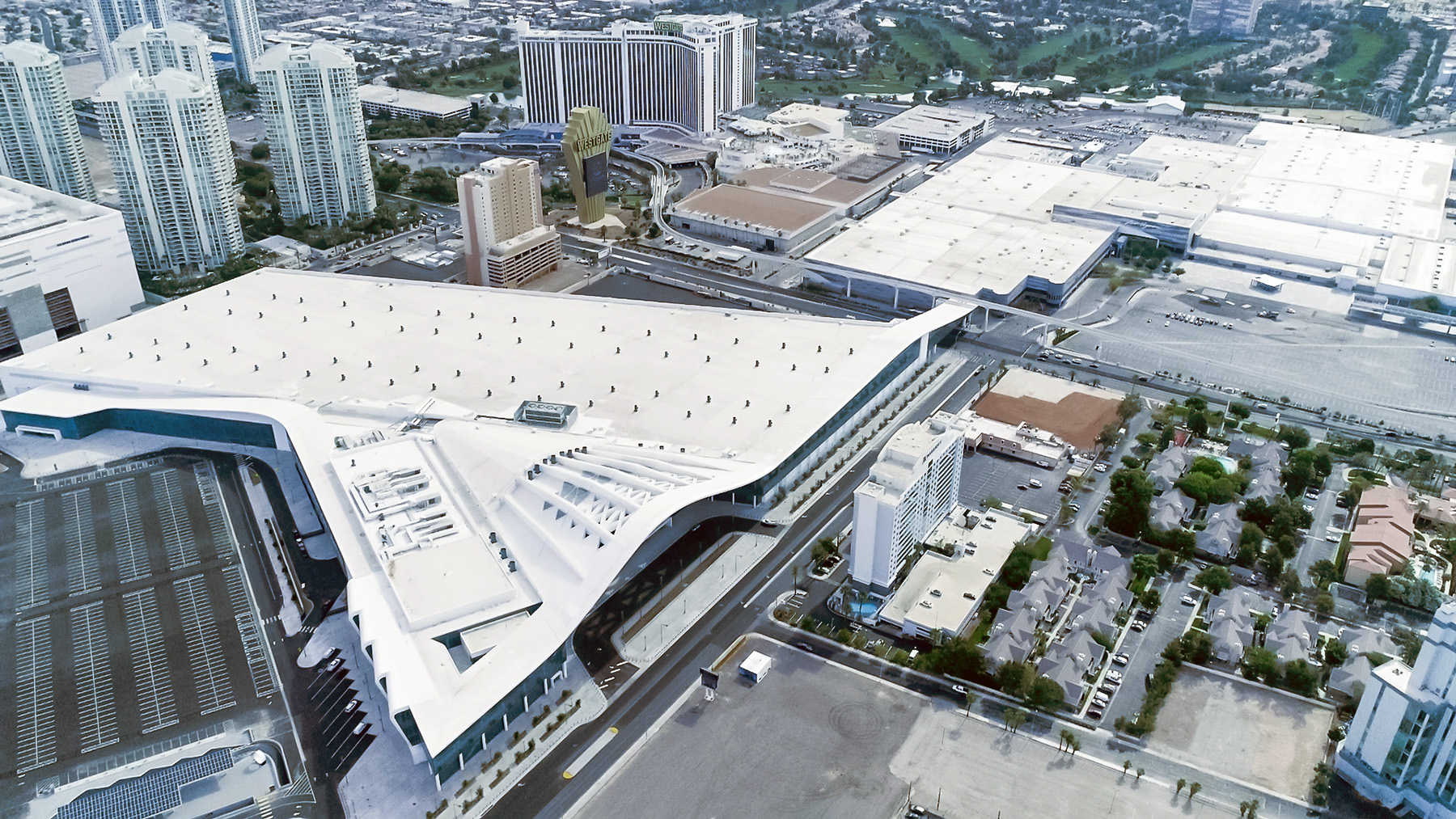 Aerial photograph that shows the new and old parts of the Las Vegas convention center