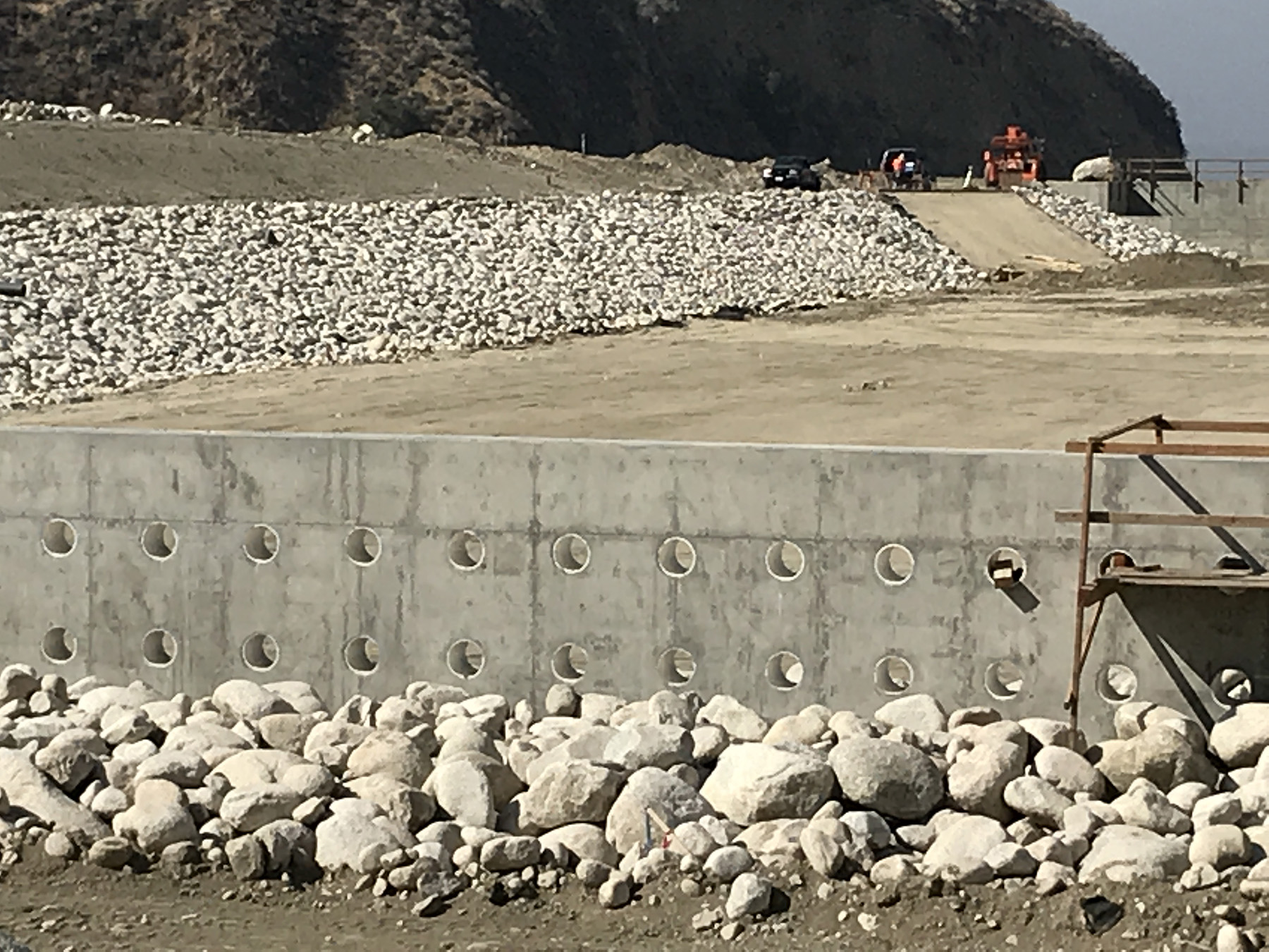 Photo shows a flow distribution wall in a sedimentation basin. 