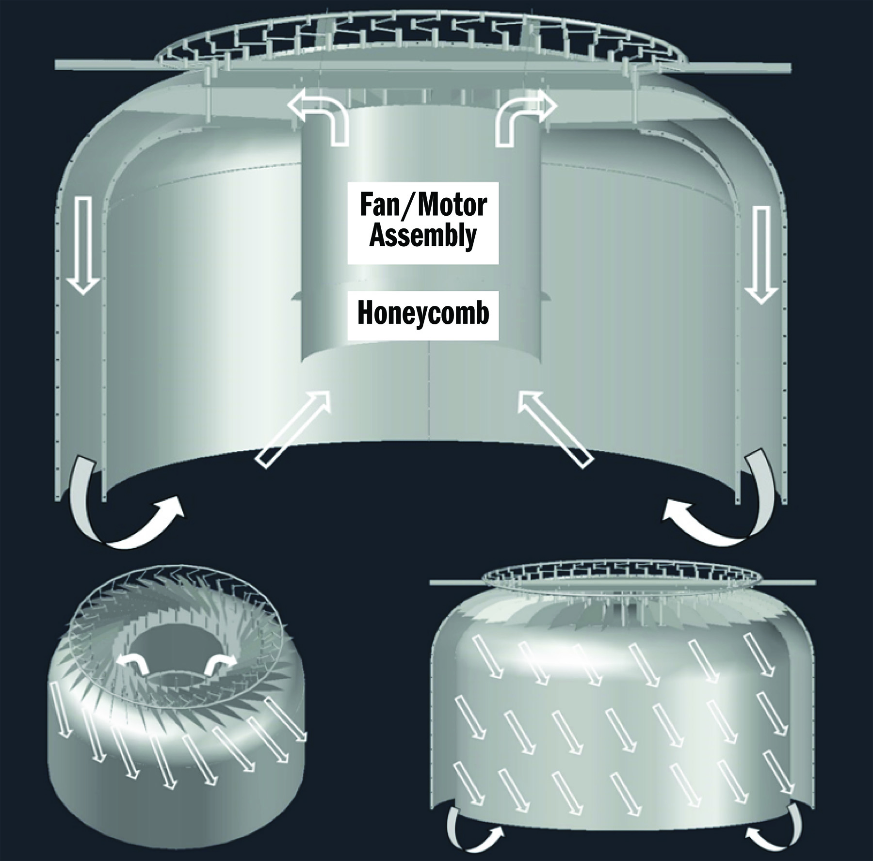 diagram of a tornado simulator showing the fan, motor assembly, and honeycomb