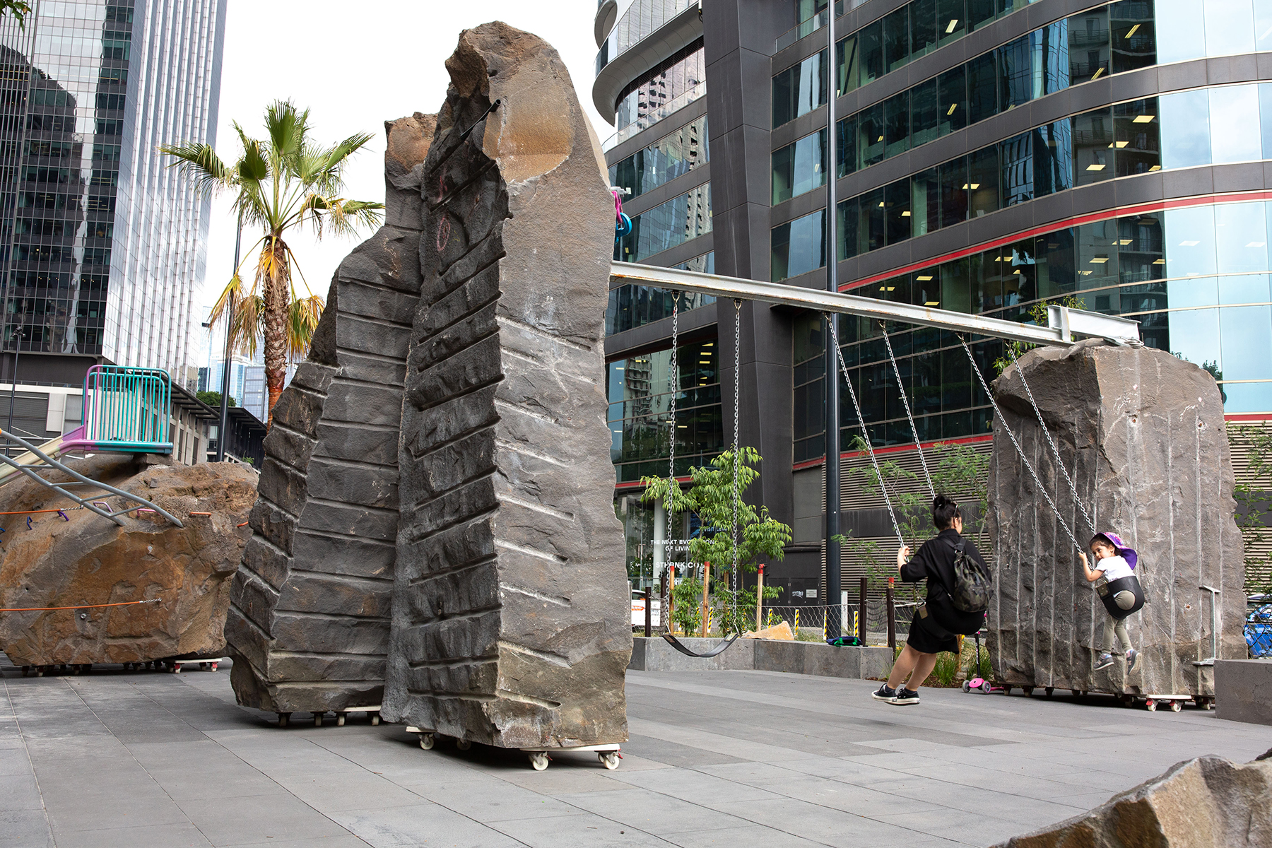 To give the illusion that the playground’s surface consists of bluestone pavers, Hewson created a rubber flooring surface that mimics the natural stone in appearance. (Image courtesy of Mike Hewson)