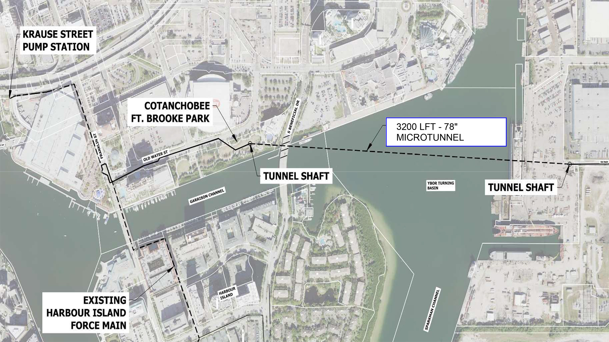 The microtunnel rerouted the pipeline away from Harbour Island and beneath the Garrison and Sparkman channels. (Image courtesy of Wade Trim)