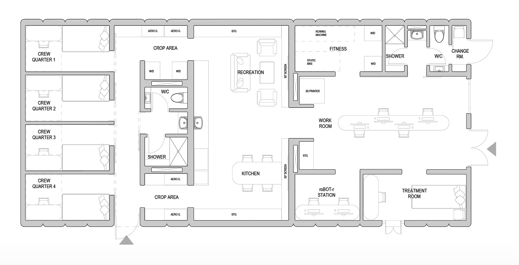 The drawing shows a floor plan of 3D-printed structure, including crew quarters, bathrooms, kitchen, recreation areas, and other spaces. 