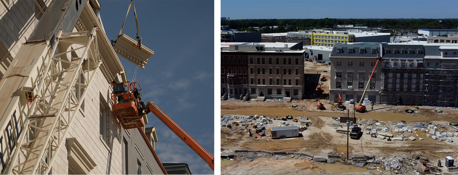 Both photos show cranes being used to construct the filmable facades. 