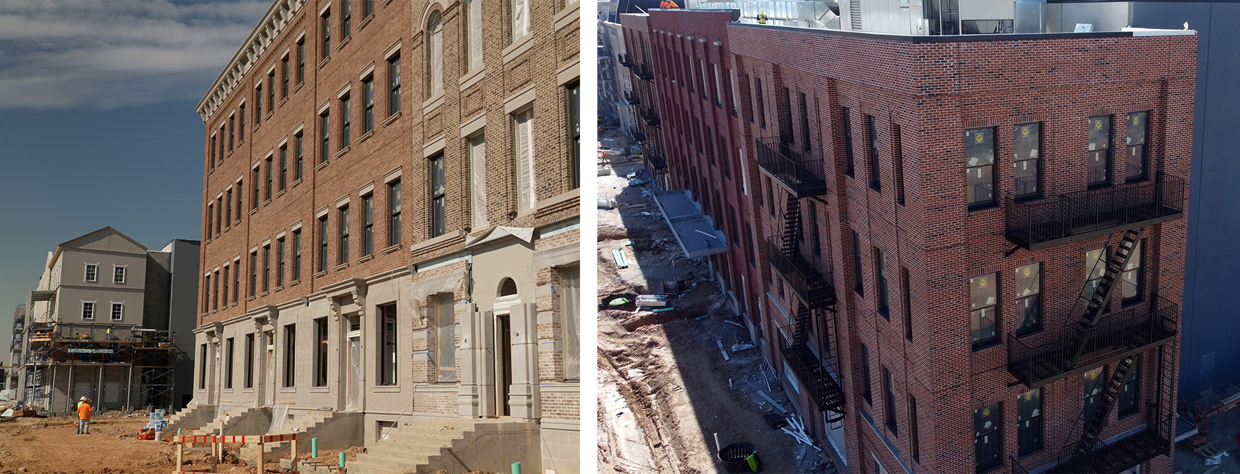 The photos show the New York City brownstone filmable facade on the left and the grittier brick facade with fire escapes on the right. 