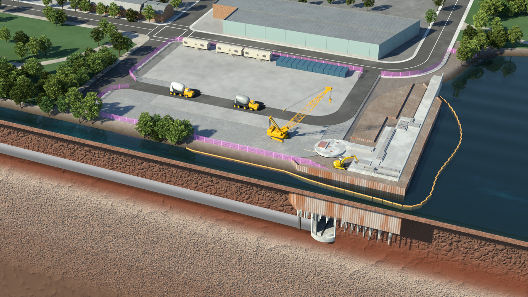 Diversion chambers, like the one seen here, redirect two outfall points into the 2.2 mi tunnel. After cutting into the second chamber, the tunnel boring machine, named Hazel, will be disassembled and pulled out through the shaft. (Rendering courtesy of AlexRenew)