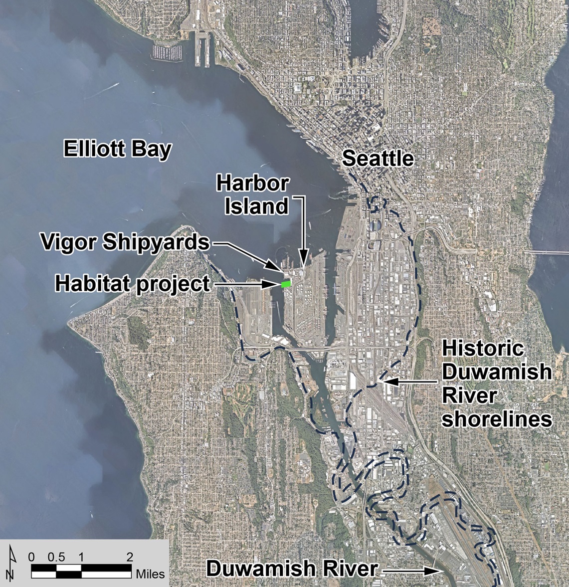 Vicinity map shows Elliot Bay, Harbor Island, and other sites near an industrial shipyard in Seattle.