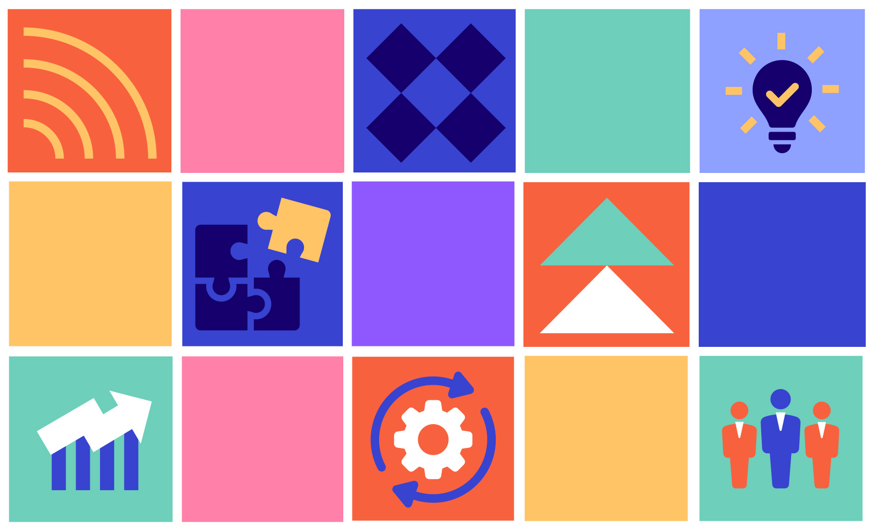 In a grid of boxes are multiple drawn images, such as puzzle pieces, arrows, a lightbulb, people, etc. 