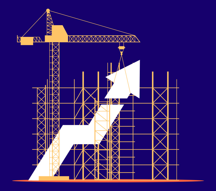 A rising arrow, indicating improving business, is supported by a construction crane and surrounded by scaffolding.