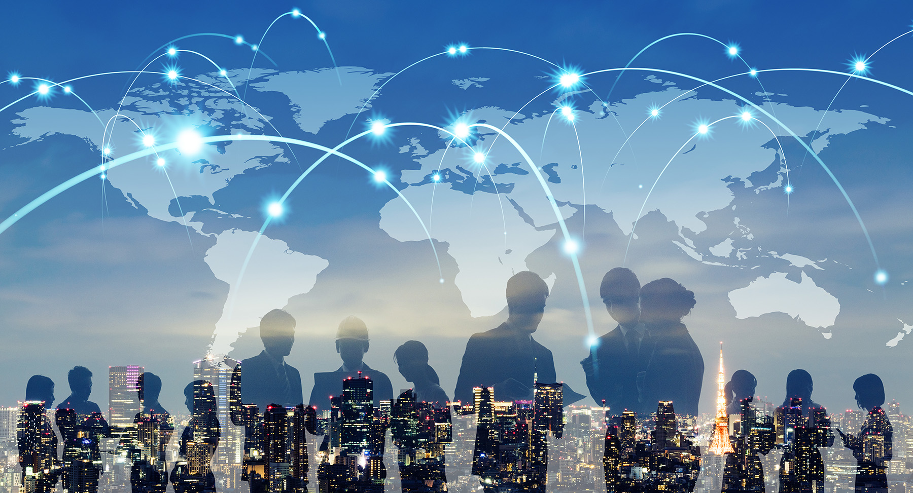 A composite image juxtaposes a map of the world with arc lines and highlighted locations stretching from country to country, along with a skyline and silhouettes of executives. 