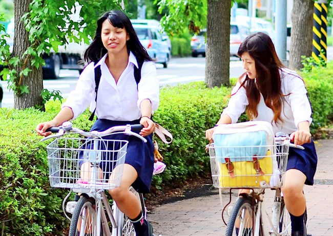 Two women ride bicycles with white baskets down a bike path in Japan. A line of green shrubs separates them from parked cars and traffic.