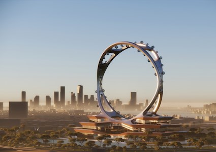 Rendering shows an intersecting-ring, dual-track, spokeless Ferris wheel sitting on top of a multistory structure. 