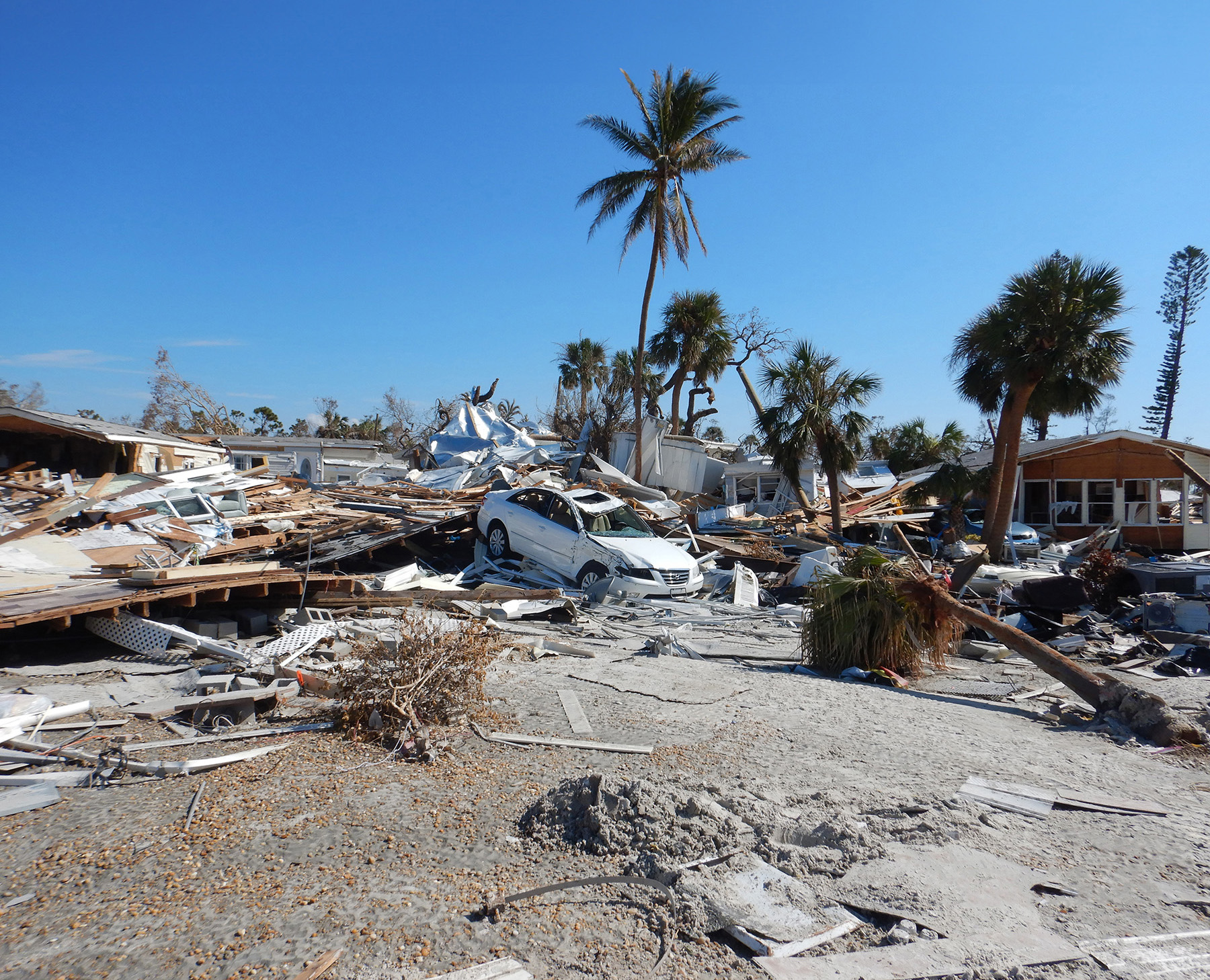 Houses have collapsed into piles of rubble and a damaged white car sits atop one of the piles. Fallen palm trees and other debris are scattered around. 