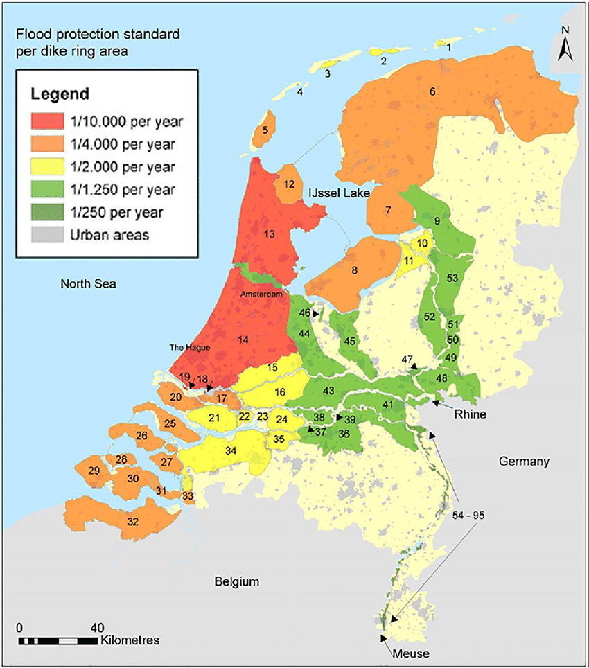 A multicolored map shows the location of flood protection systems in the Netherlands. 
