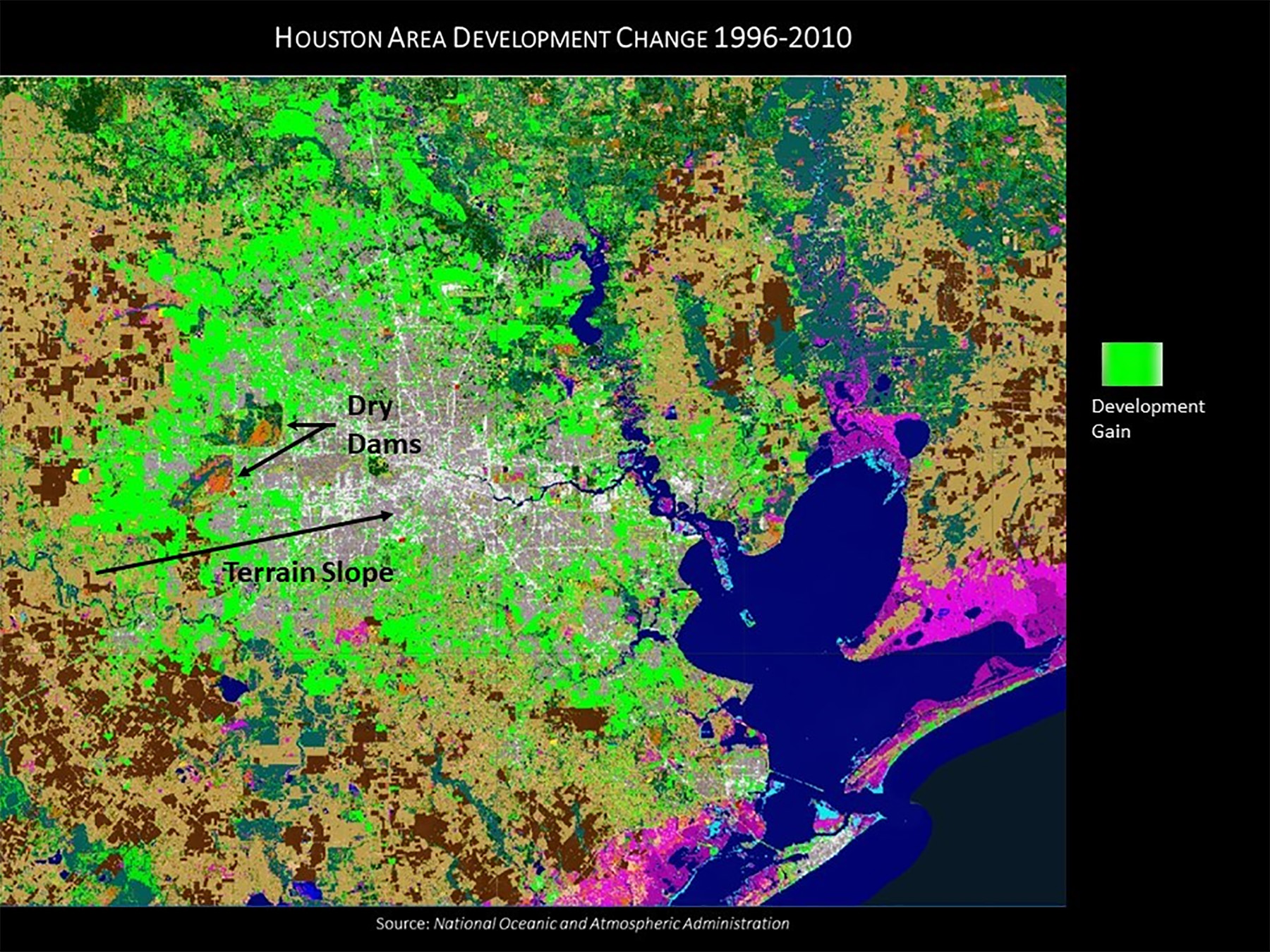 A multicolored map shows the growth of development in the Houston area from 1996 to 2010. 