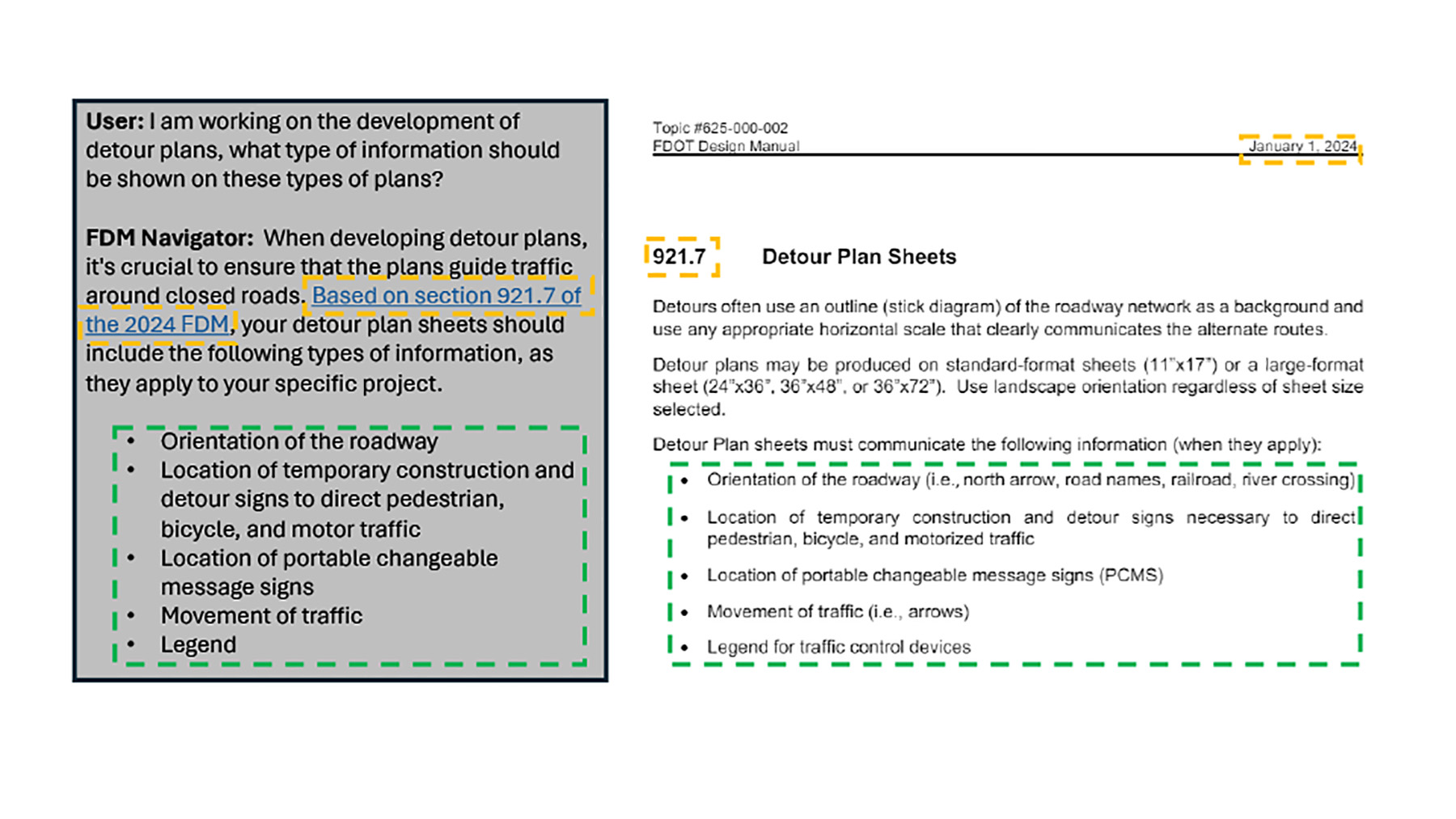 Image shows a sample question about detour plans and the response to that question, which includes the section of a publication the answer comes from. 