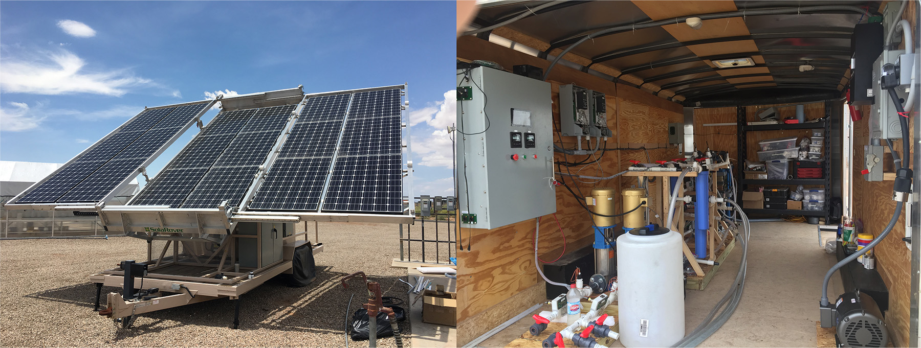 A photo collage with two photos shows an 18-panel solar array (left), and the inside of a small wooden structure that houses the maintenance equipment, solar battery, and desalination system (right). 