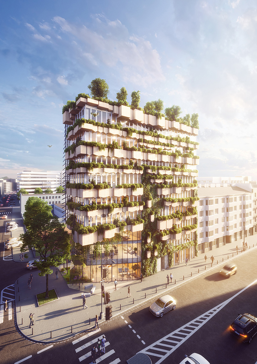 Image shows a multistory building with greenery moving up the facade. 