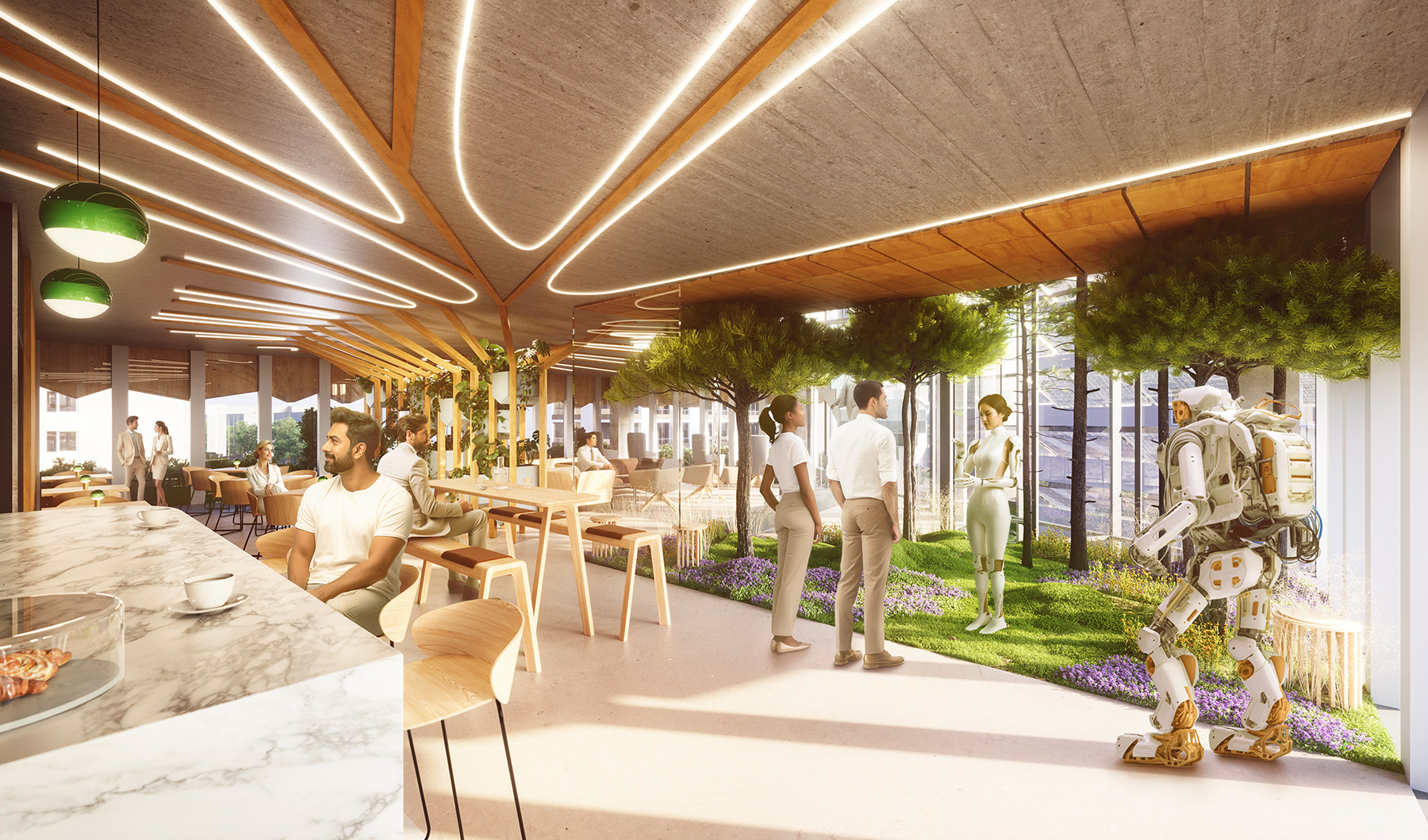 Image shows the interior of a meeting/eating space. People sit round tables and are standing talking to each other. Greenery is inside the room, which is constructed mainly of wood and glass.