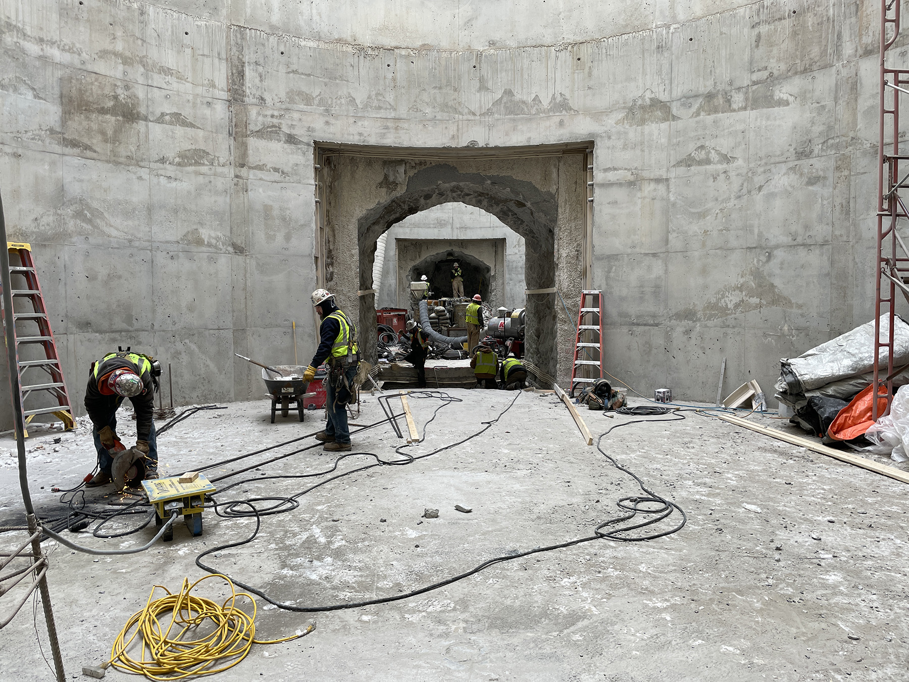 Workers build an underground stormwater storage facility