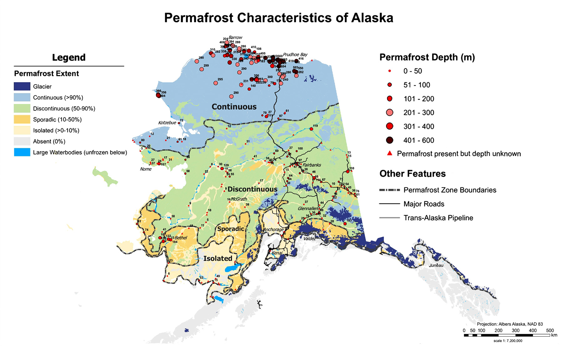 A multicolored map shows regions of permafrost in Alaska. 