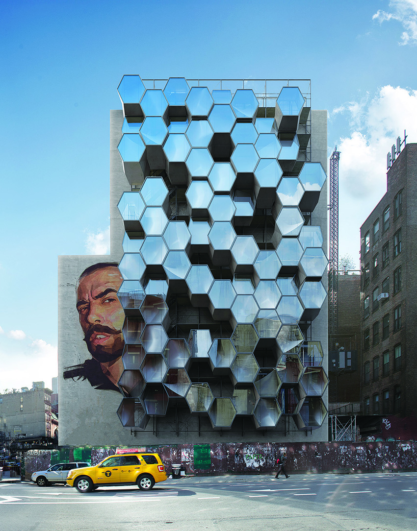 Hexagon-shaped pods jut out from the side of a building. 