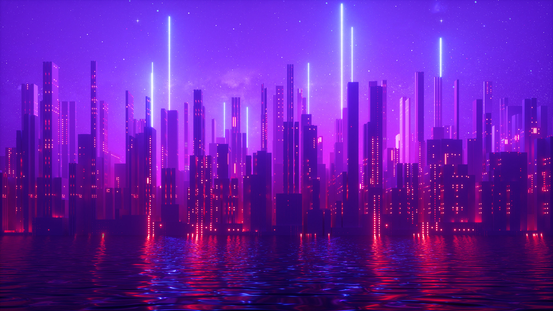 Set against a purple backdrop, the image shows a flooded urban skyline. 