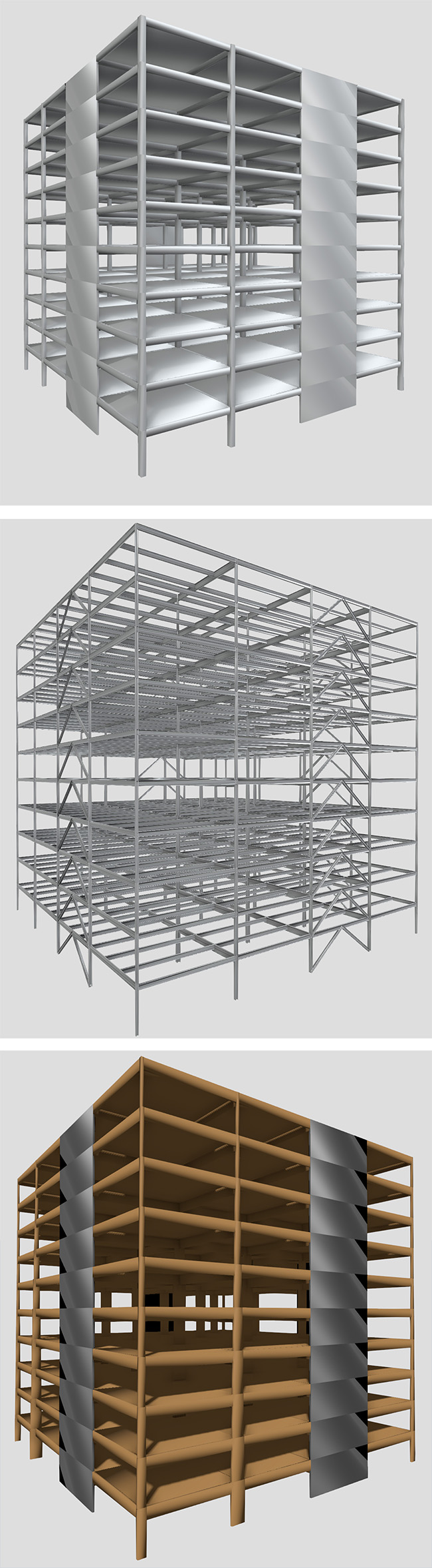 The drawing shows three versions of the same 10-story structure, framed in concrete, steel, and timber. 