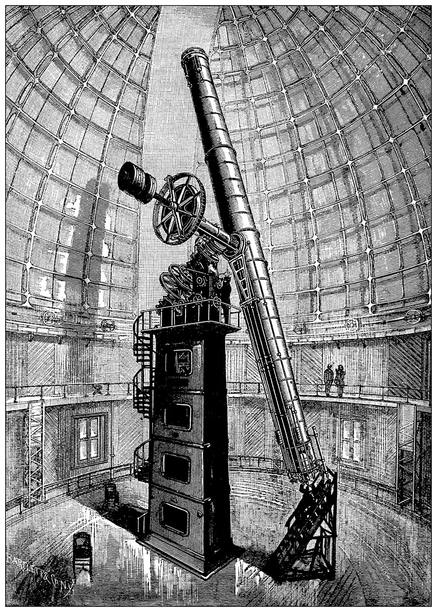 Image shows the Great Refractor telescope within a domed structure at the Lick Observatory. 