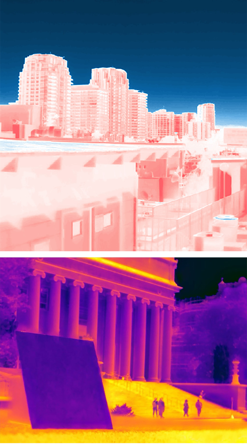 The top photo is a thermal image of a cityscape shows how the heat of the cityscape around and below the horizon contrasts against the colder sky at the top. The bottom image shows a huge panel coated in polymer film that reflects the heat of the city.