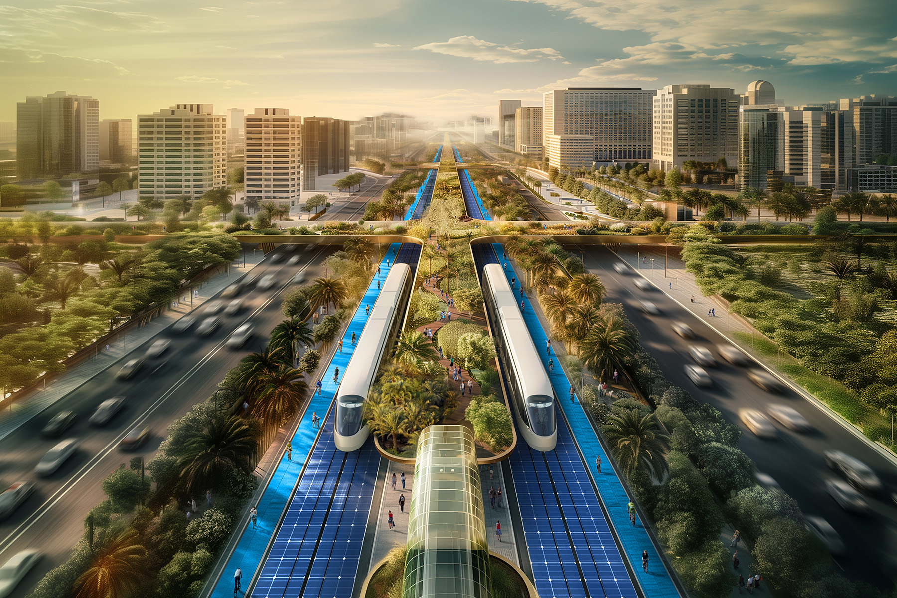 A colorful rendering of the E311 shows an open, tree-lined walking path in the center between two white trains, which sit on blue rails. The path and trains all fit on a median between two multilane roads. There are tan buildings in the background and three tree-lined bridges that rise above the train median. 