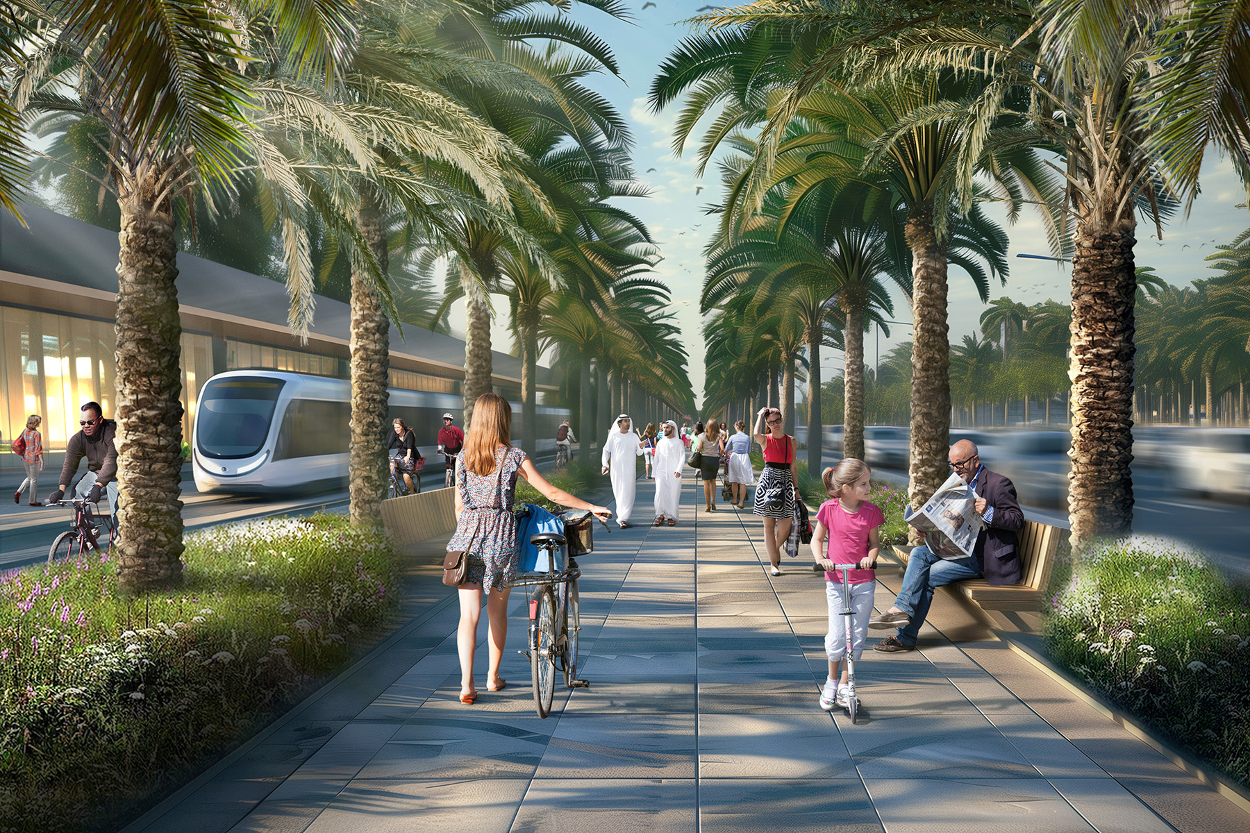 A realistic, colorful rendering of people walking, scootering, and bicycling down a treelined walking path. 