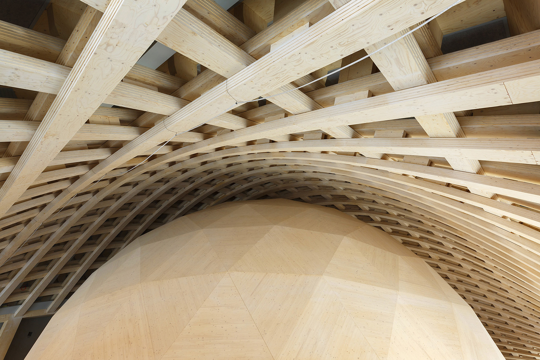 The top of the dome nearly touches the underside of the roof beams. 