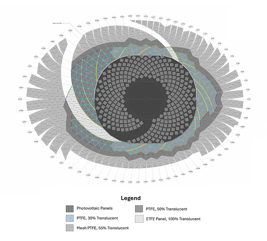 Image shows the diagrid shell geometry of the Intuit Dome