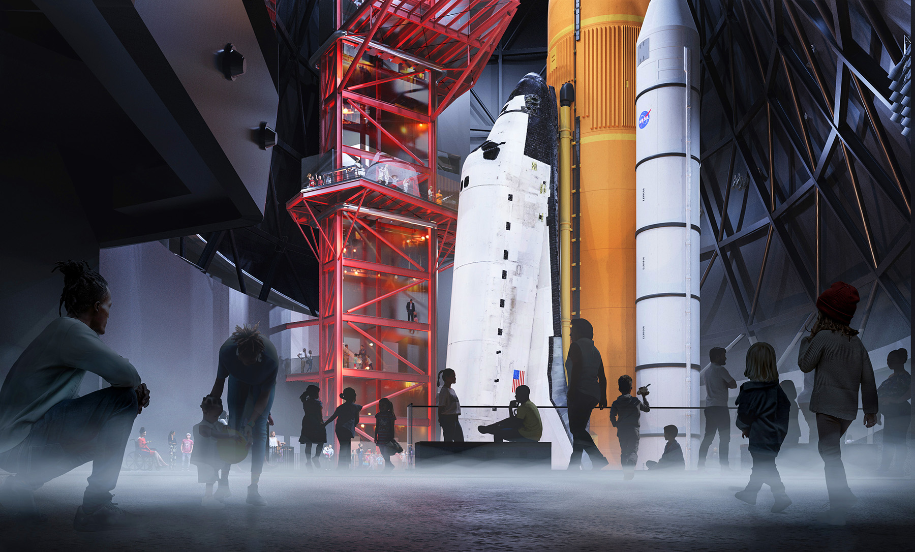 The rendering shows the space shuttle Endeavour, plus its external tank and side booster rockets, as it will be displayed inside its new home at the California Science Center: upright, as if ready to launch. 