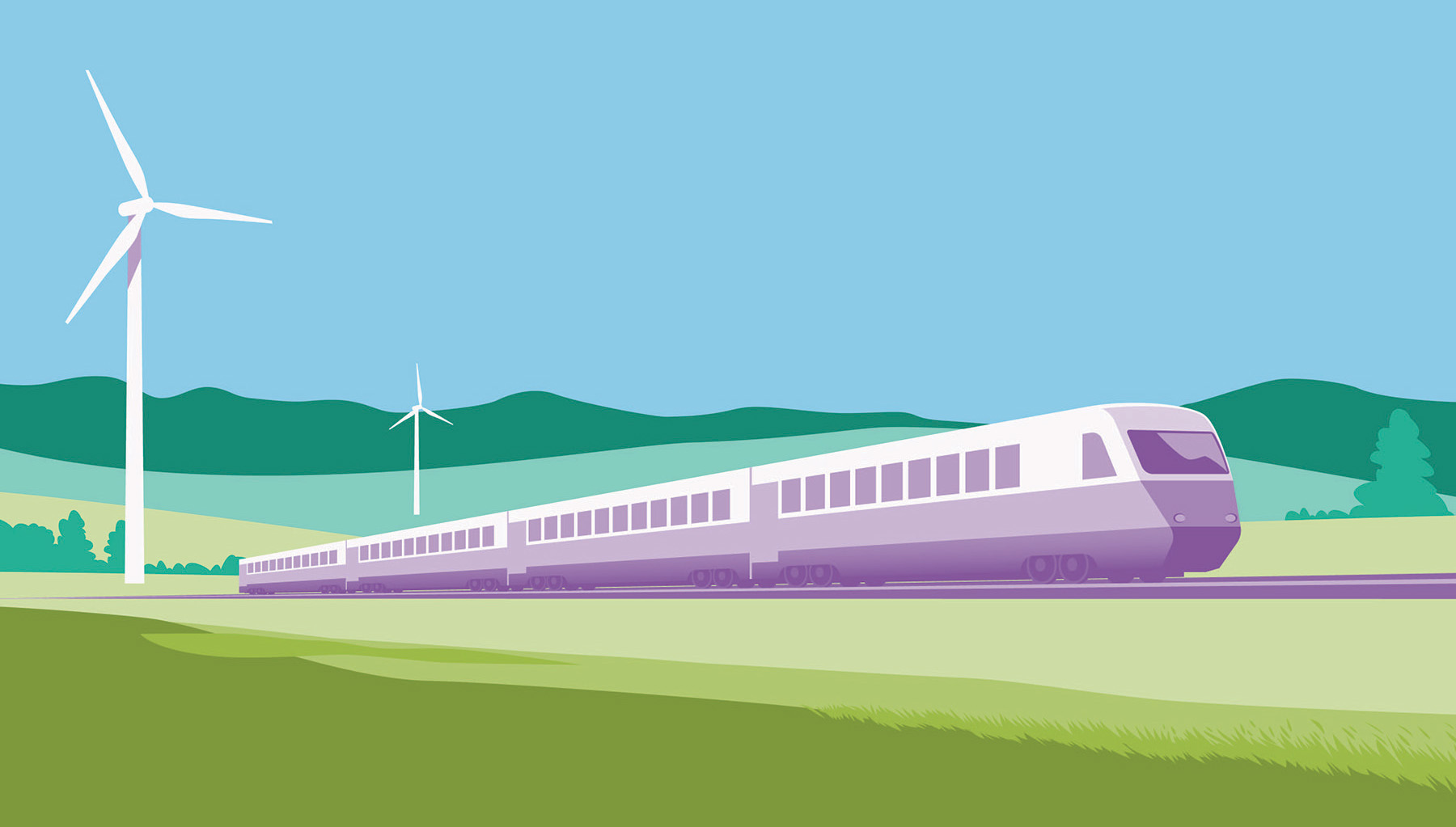 Image is of a purple train traveling through the countryside. There are windmills in the image. 