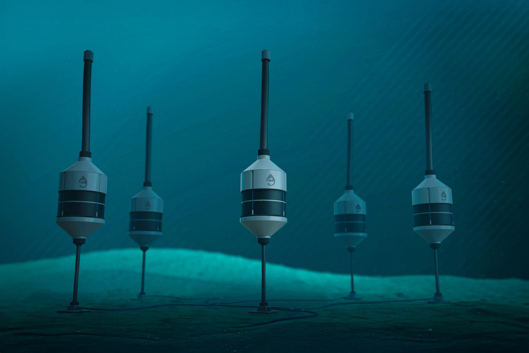Rendering shows five cylinder-shaped pods stuck on poles and inserted into the sea floor.