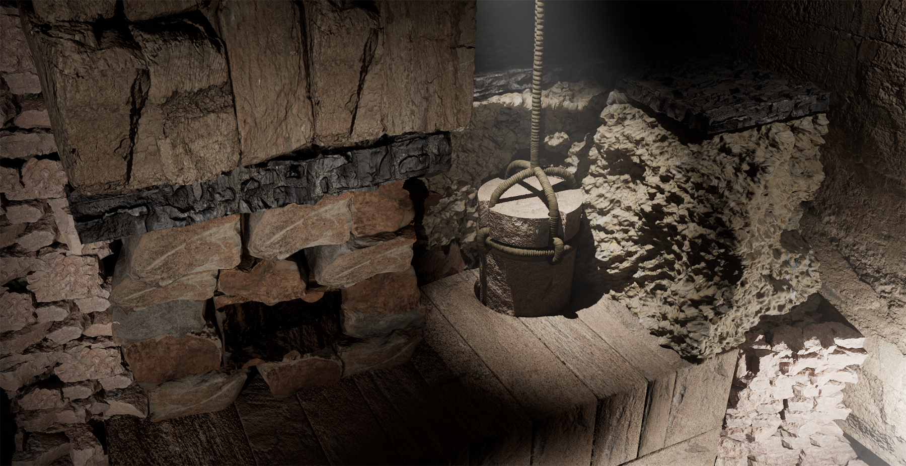 inside the pyramid, a view of a granite chamber with an urn-like device tied to a rope