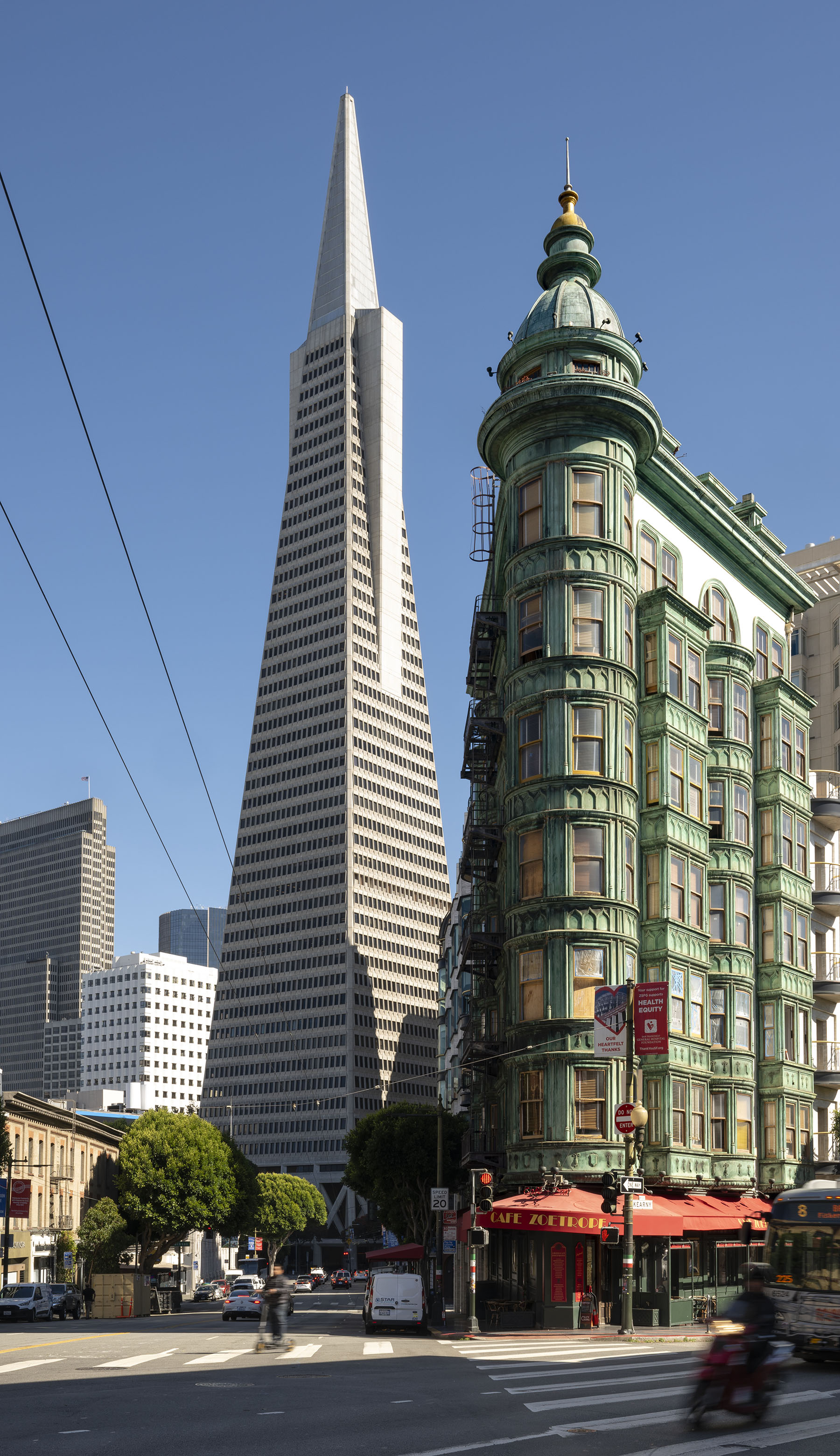 the pyramid-shaped building stands out in the San Francisco skyline