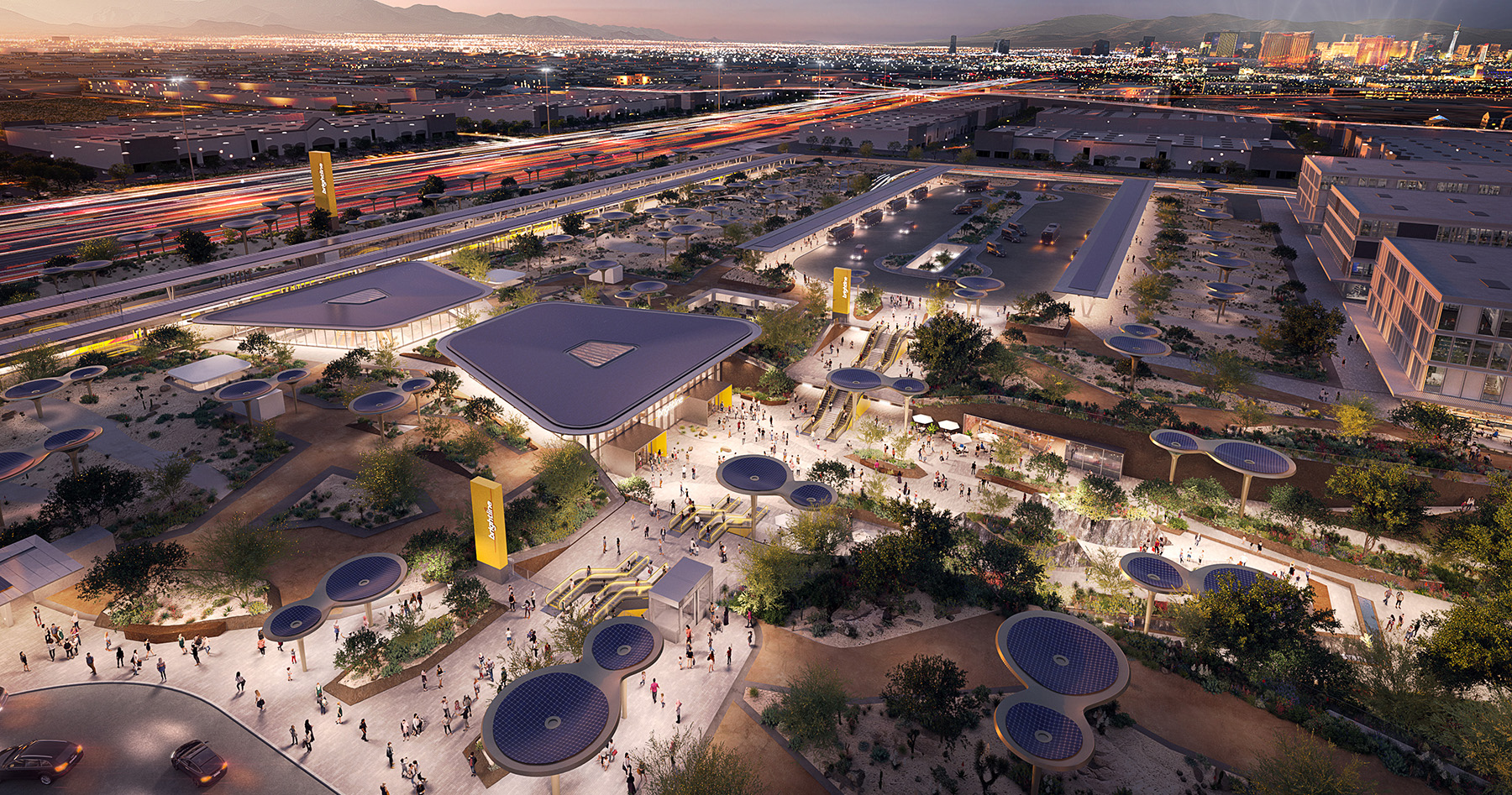 aerial view demonstrates Las Vegas rail station location with the Strip on the horizon