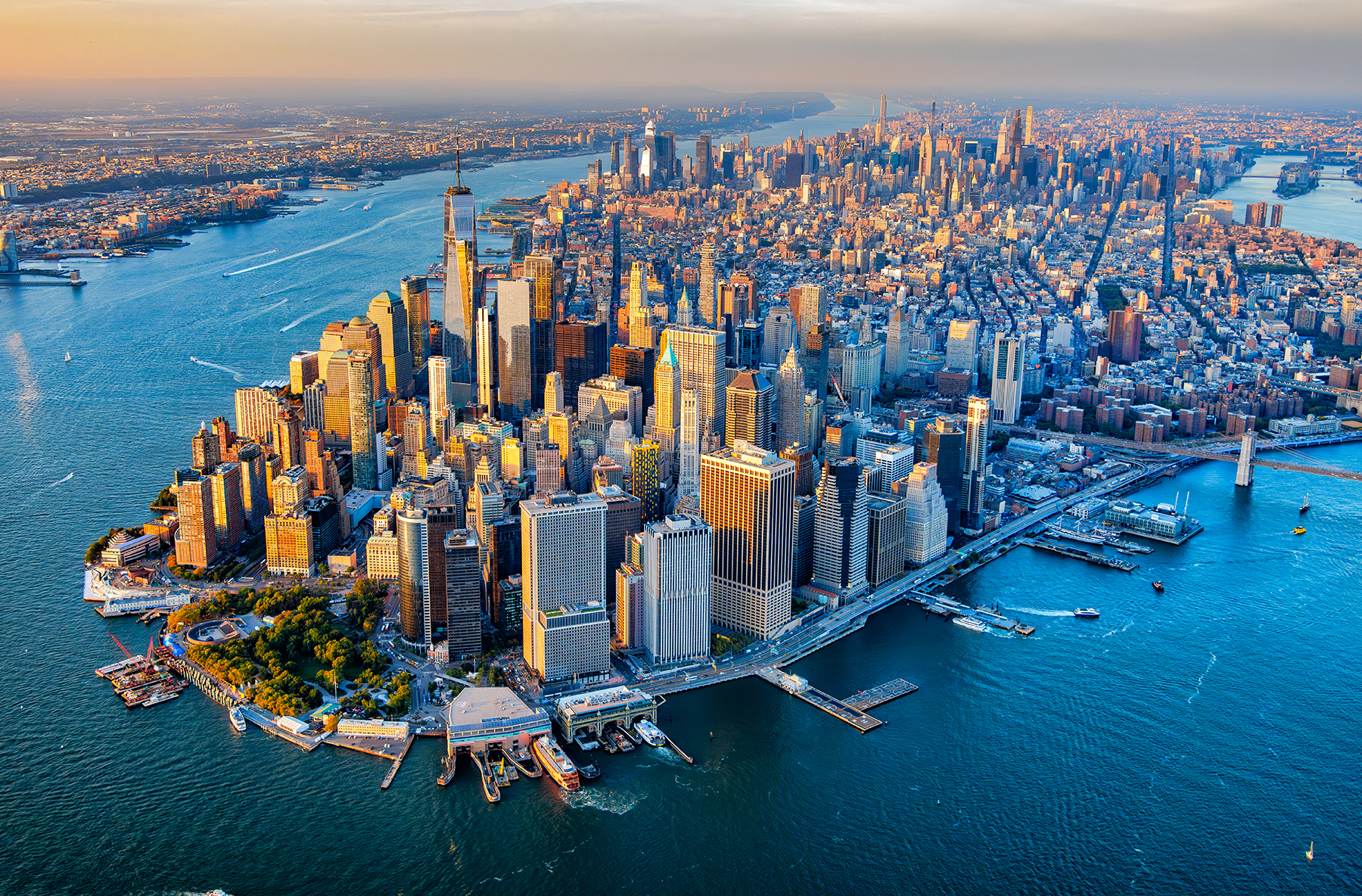 new york city skyline from aerial view