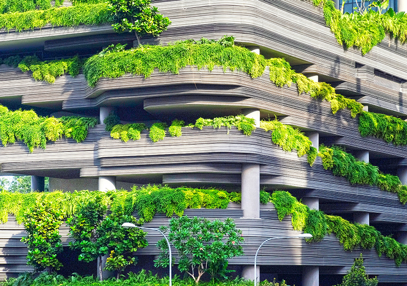 Building with a collection of plants built into it